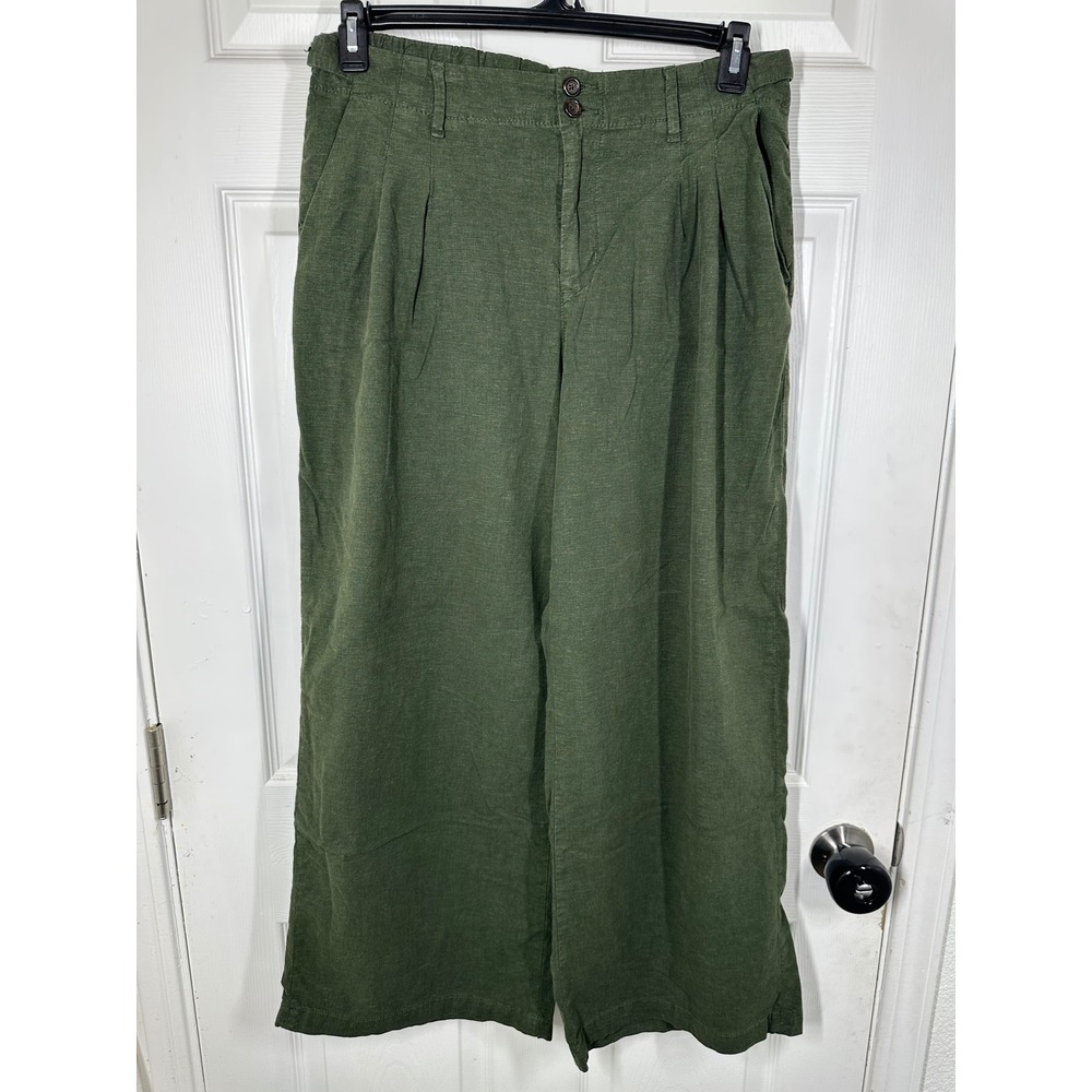 American Eagle Pants Womens 10 Green Trouser Wide Leg Linen Blend Pleated 7331